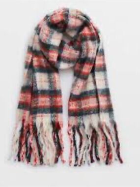 Aerie Fuzzy Holiday Scarf Plaid Fringe